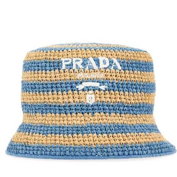 Prada Accessories - Prada Blue and Tan Crochet Bucket Hat